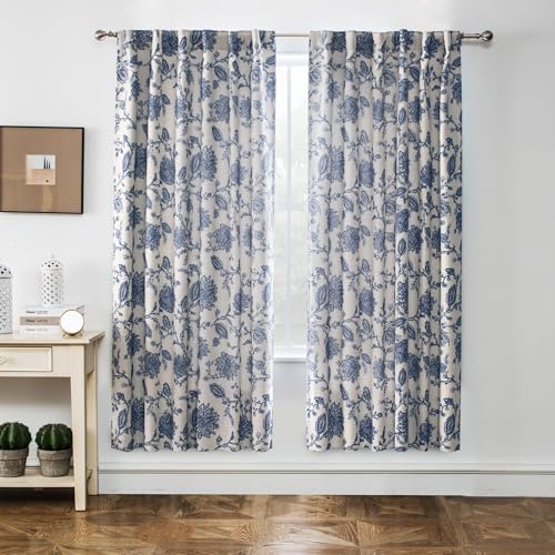 DriftAway Linen Floral Paisley Navy Blackout Curtains for Living Room Bedroom 72 Inch Length 2 Panels Lined Back Tab Rod Pocket Window Drapes Thermal Farmhouse Country Jacobean Curtains