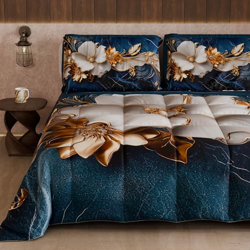 PETTI Artigiani Italiani - Winter Quilt, Winter Duvet, Double Sided Single Quilt Solid Colour and Digital Floral Print 06 5, 100% Microfibre, Made in Italy