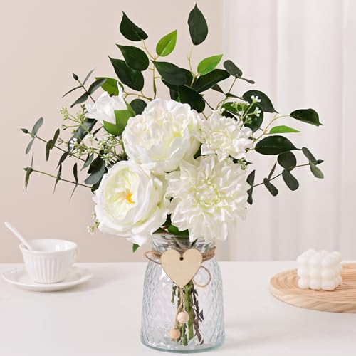 Livole Real Touch Fake Flowers with Vase & Light Silk Artificial Flowers - White Dahlia Peony Fake Flower Arrangement with Eucalyptus Stems for Table Centerpieces Room Coffee Table Home Decor