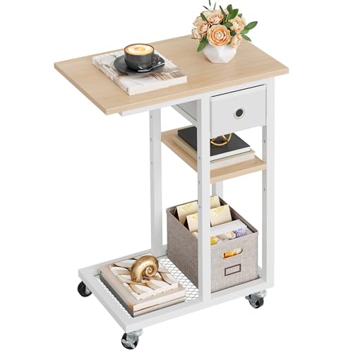 YITAHOME C-Shaped End Table, Slim Sofa End Table with Fabric Drawer, Open Compartments and Lockable Wheels, Movable Side Table Workstation for Small Spaces, Living Room, Bedroom, Oak