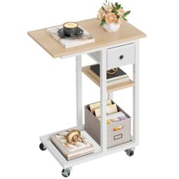 YITAHOME Bedside Table, C-Shaped Side Table with Fabric Drawer and Wheels