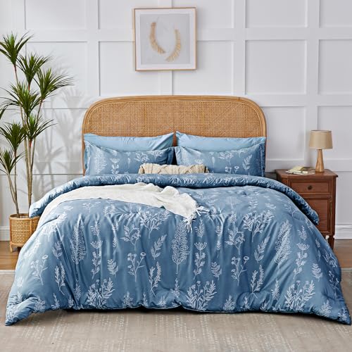Kozyhvn Floral Comforter Set King Blue, Cute Flower Bed in a Bag King Boho 7 Pieces, Soft Fluffy Bedding Sets with Comforter, Sheets, Pillowcases & Shams, All Season