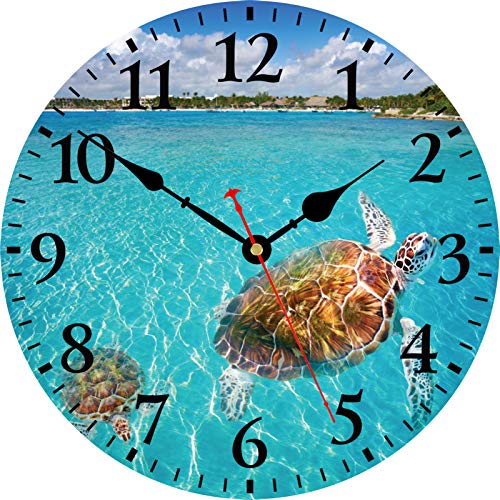 TAHEAT Turtle Underwater Wall Clock, Silent Non Ticking Nautical Sea Round Clocks, Battery Operated Easy to Read Wall Clock for Living Room Kitchen Bathroom Office, 14 Inch