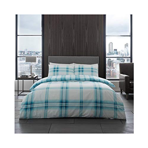 GC GAVENO CAVAILIA Luxurious Bardsley Check Bed Set with Duvet Cover and Pillow Cases, Polyester-Cotton, Teal, Single, Polycotton