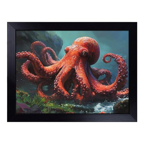 Lap Tray with Bean Bag Cushion, Octopus Graphics - Handmade in the UK, Raised Wooden Edge, Padded Cushion, Heat-Resistant Wipe-Clean Surface, for Meals, Laptops and Crafts