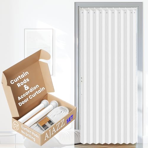 AJAZZ Magnetic Door Curtain Accordion Doors Interior Invisible Folding Door Blackout Curtains for Bedroom Sets Included Rod (1 Pack, 53W x 78 L, White)