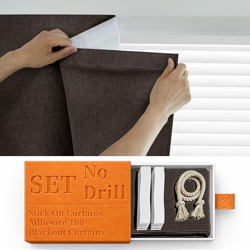 100% Blackout Curtains for Bedroom Stick On Curtains Window Shades Pull Down Blackout Window Cover No Drillng Self Adhesive Curtains No Rod Small Windows, W46 x L72 inch, 1 Panel, Dark Brown