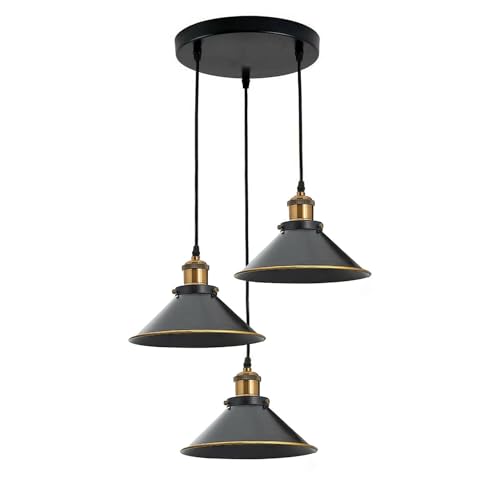 LEDSone Modern 3 Lights Adjustable Ceiling Pendant Light Fixture Vintage Style Hanging Pendant Cone Lamp Shade with Adjustable Cable for Living Room Dining Room (Black Gold Line)