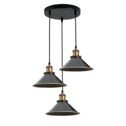 LEDSone Modern 3 Lights Adjustable Ceiling Pendant Light Fixture Vintage Style Hanging Pendant Cone Lamp Shade with Adjustable Cable for Living Room Dining Room (Black Gold Line)