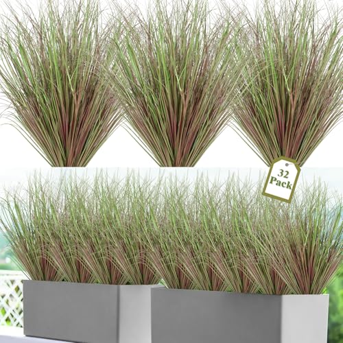 UXORSN 32 Bundles Artificial Grass Plants Outdoor 20 Inch Tall Fake Shrubs Wheat Grass UV Resistant Greenery Stems Weed Faux Bushes Plant for Indoor Outdoor Garden Office Home Decor, Purple