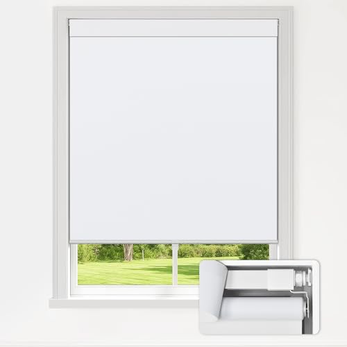 "LazBlinds No Drill Blackout Roller Shades for Indoor Windows, Cordless Window Blinds, Thermal Insulated Fabric UV Protection for Home and Office, 38"" W x 72"" H, White"