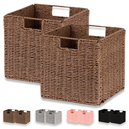 Vagusicc Wicker Baskets, Set of 2 Hand-Woven Paper Rope Foldable Cubby Storage Bins, Large Wicker Storage Basket for Shelves Pantry Organizing & Decor, Brown (11?????11?????11???)