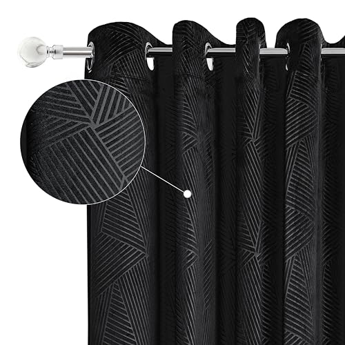 "Emma Barclay Midnight - Embossed Velvet Woven Thermal Blackout Eyelet Curtains (Black, Width 66 x Drop 72"" (168 x 183cm))"