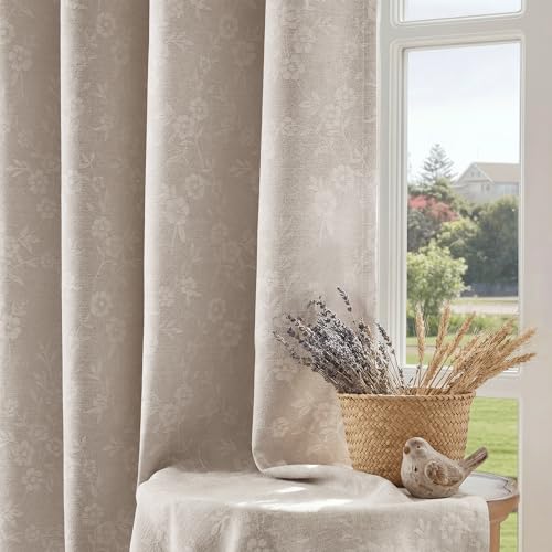 Beauoop Beige Floral Jacquard Blackout Curtains 84 Inches Long 2 Panels for Living Room Bedroom Chenille Flower Room Darkening Thermal Insulated Soundproof Grommet Window Drapes, 52x84 Set of 2
