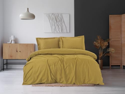 Nuit Des R??ves Luxury Double Satin Duvet Cover Set (200 x 200 cm) Mustard Yellow 100% Cotton Sateen 2 Pillowcases Reactive Print Machine Washable Elegant Design