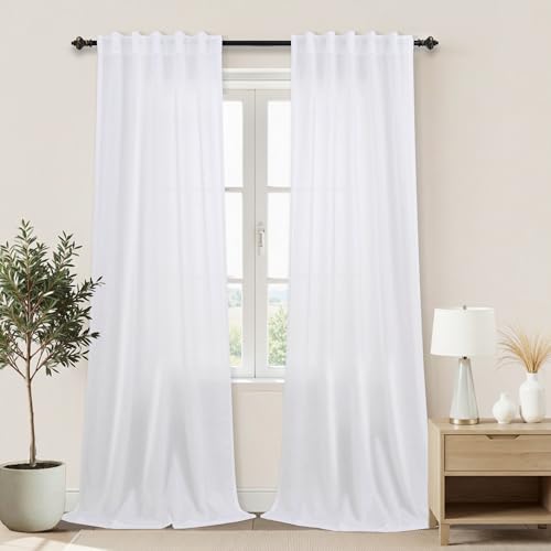 KOUFALL White Linen Semi Sheer Curtains 84 Inches Long for Living Room Sliding Glass Door,Light Filtering Textured Back Tab Rod Pocket Bedroom Curtain 2 Panel Sets,42x84 in Length
