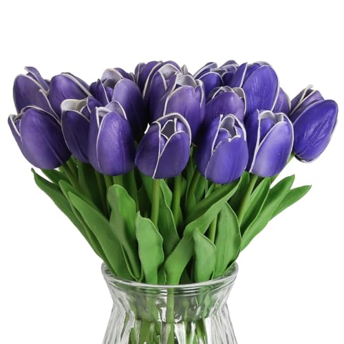IPOPU Purple Blue Tulips Artificial Flowers 24PCS Tulips Purple Flowers Real Looking Faux Flowers for Home Decoration Wedding Bouquet Baby Shower Centerpieces Decor (Purple Blue)