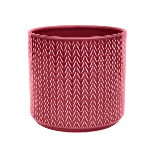 Ivyline Planter in Ruby Ceramic with Chevron Print - Tall Design and Slim Silhouette - Waterproof Indoor Round Flower Pot - H15 x D15 cm