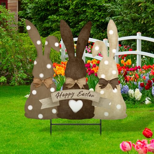 Weysat Easter Bunny Metal Yard Signs 15.7 Inch Cute Rabbit Decoration Outdoor Beach Yard Decorations with Stakes Waterproof Easter Bunny Sign Pool Beach Decor for Home Garden Patio Lawn Party