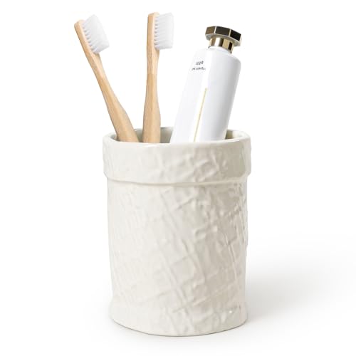 "Toothbrush Holder, Tooth Brush Holder for Bathroom - Ceramic Toothbrush Cup Beige Toothbrush Holders Countertop, Makeup Brush Holder Pen Holder, 3.54"" x 3.54"" x 4.33"", ANTIS'S HOME"