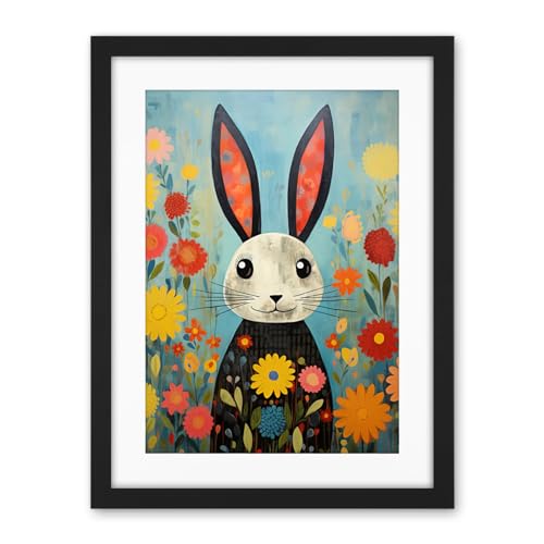 Artery8 Funny Bunny Illustration Modern Floral Rabbit Animal Artwork for Kids Bedroom or Baby Nursery Artwork Framed Wall Art Print 18X24 Inch