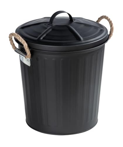 WENKO Gara Cosmetic Bin, Bathroom Bin, 6 L, Retro Bathroom Bin, Braided Handles, Painted Steel, 24 x 28.5 x 23 cm, Matte Black