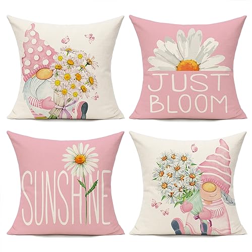 All Smiles Pink Throw Pillow Covers 16x16 Set of 4 Outdoor Spring Summer Decorative Cushion Cases Home D??cor Decorations for Patio Couch Chair Sofa,Daisy Floral Gnomes