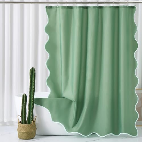 ORTIGIA Green Scalloped Shower Curtain, Cute Boho Preppy Sage Green Shower Curtains Modern Aesthetic Waterproof Fabric Shabby Chic Bath Bathroom Decor with Metal Hook 72 W x 84 H Inch