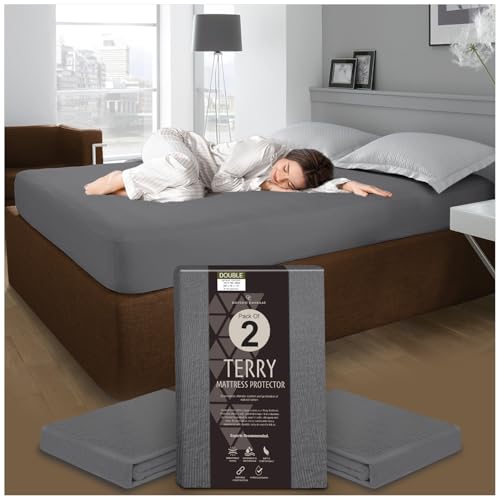 GC GAVENO CAVAILIA Terry Towelling Mattress Protector 30cm Deep - Pack of 2 Double Mattress Protector Waterproof (190 x 137cm) - Anti Allergic & Durable Polycotton Mattress Cover for Bed - Charcoal