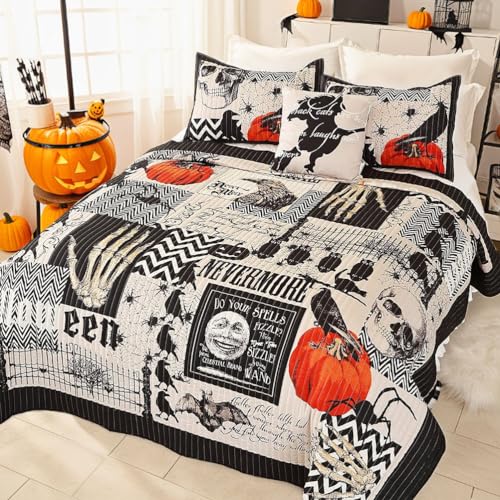EVENHUG Halloween Theme Queen Size Quilt Bedding Set with 3 Pillow Shams Lightweight Soft Bedspread Coverlet Halloween Holiday Bed Cover for Bedroom Home Decoration (4 Pieces)
