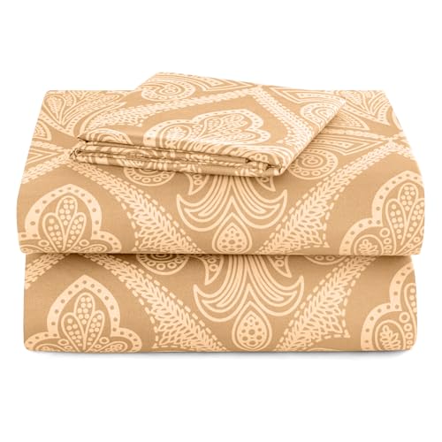Hannah Linen Paisley Twin XL Sheet Set, 3 PC Soft Microfiber Wrinkle Free Sheets - Luxurious Printed Bed Sheets Includes Flat Sheet, Fitted Sheet with Deep Pockets, & 2 Pillowcase - Taupe