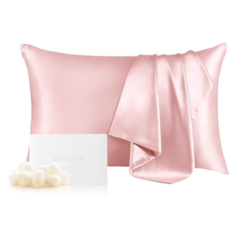 "THXSILK 100% Mulberry Silk Pillowcase for Hair and Skin, Grade 6A+ Dual-Sided Silk Pillow Case with Hidden Zipper, King Size 20""x36"" Silk Pillow Case, 1pc, Light Pink"