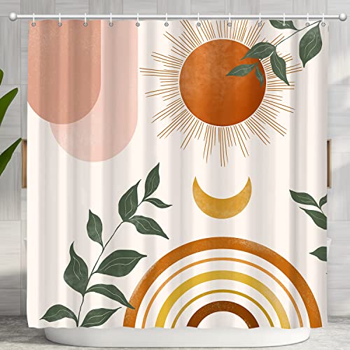 Ghroiep Mid Century Abstract Boho Orange Aesthetic Shower Curtain Set, Pink Green Nature Leaf Sun Modern Minimalist Home Bathroom Curtain Decor with 12 Hooks 72x72 Inches