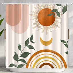 Ghroiep Mid Century Abstract Boho Orange Aesthetic Shower Curtain Set, Pink Green Nature Leaf Sun Modern Minimalist Home Bathroom Curtain Decor with 12 Hooks 72x72 Inches