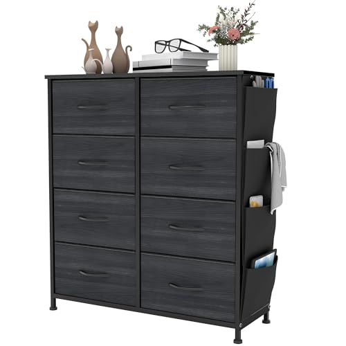 YITAHOME Chest of Drawers with 8 Drawers, Fabric Drawers Cabinet with Side Pocket&Hooks,Sturdy Steel Frame,Dresser for Bedroom, Closet,Charcoal Black Wood Grain