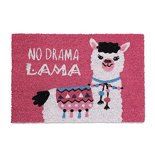 Relaxdays Coir Doormat, Llama Print, 'No Drama Lama', 40 x 60 cm, Non-Slip Welcome Mat, Indoors & Outdoors, Pink/White