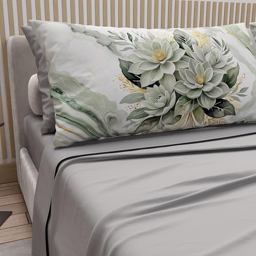 PETTI Artigiani Italiani - Cotton Sheets with Pillowcases in Digital Print, French Double Sheet, Floral Bedding Set, Grey Sage Design, 100% Made in Italy