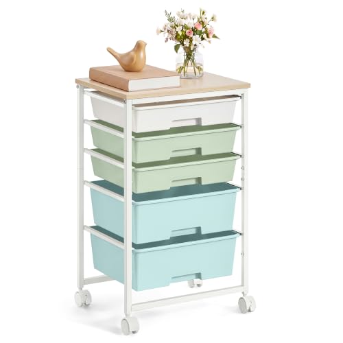 VASAGLE Rolling Storage Trolley with 5 Plastic Drawers, Mobile Organizer Cart with Wooden Top, 39.5 x 28.5 x 63 cm, for Office, Craft Room, Green and White, BENCO Collection LRC005C101