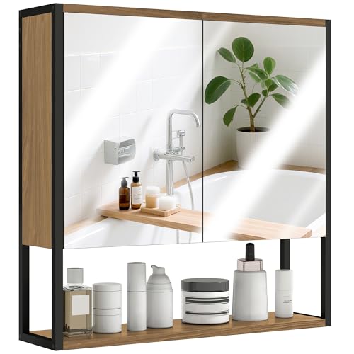 HOMCOM Bathroom Mirror Cabinet Wall Mounted with Soft-Close Doors and Adjustable Shelf, Industrial Bathroom Wall Cabinet with Open Storage, 60 x 16 x 60 cm, Natural Wood Finish