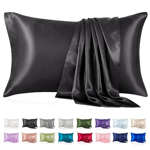 Silk Like Satin Pillowcase Queen Size, Black Smooth and Cooling Satin-Silk Pillow Cases for Hair and Skin with Envelope Closure, Gift for Women Men, 2 Pack (20x30, Black)