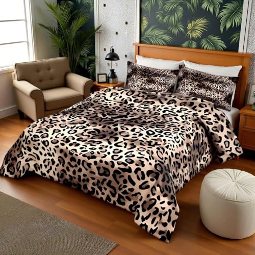 Leopard Comforter Set Queen Size Brown Bedding Set 3pcs for Kids Teens Room Decor,Animal Cheetah Quilt Set Modern Luxury Soft Breathable Duvet Insert with 2 Pillowcases