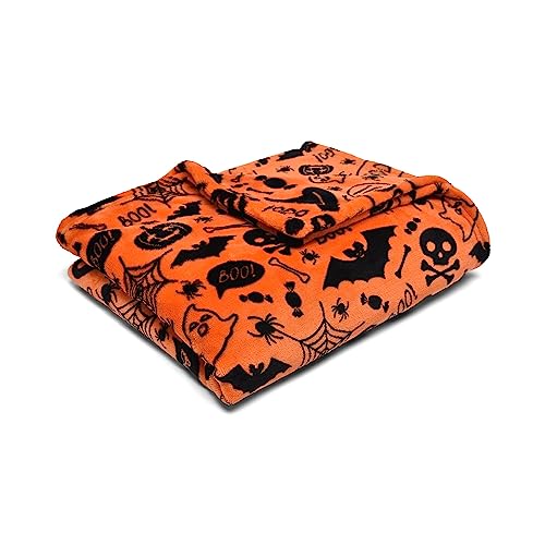 Bedlam Halloween Fleece Blanket 120 x 150cm β Super Soft Cosy Orange Fleece Throw with Spooky Bats and Skull Print, Warm Halloween Themed Blanket for Seasonal Home Decor
