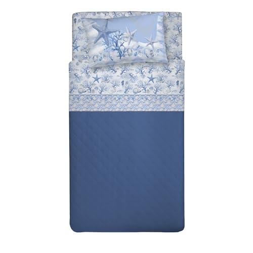 PENSIERI DELICATI 100% Cotton Double Bed Set, 120 x 200 cm, Includes Bottom Sheet, Top and 1 Pillowcase, Made in Italy, Blue Navy Pattern