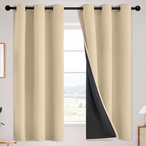 SimpleHome Beige 100% Blackout Curtains Room Darkening Living Room 63 Inch - Curtains for Bedroom,Thermal Insulated Grommet Window Drapes,Curtains for Living Room with Black Back,38 x 63 Inch,2 Panels