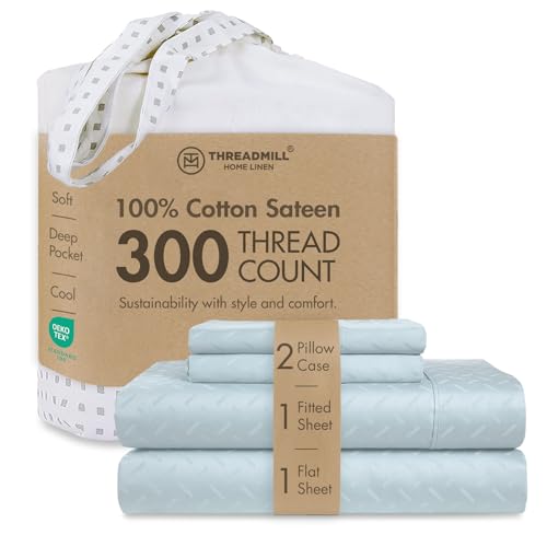 Threadmill Home Linen Jacquard 4-piece Astra Sheet Set collection, 300 Thread Count 100% long staple cotton King Sheet Set, Blue, Luxury Bedding, Smooth Sateen Weave with Jacquard design.