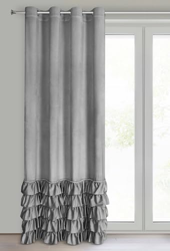 Eurofirany CARLI Velvet Curtain with Ruffles, Velvet Curtain with Eyelets, 1 Piece, Opaque, Blackout, Exclusive Curtain for Living Room, Bedroom, 140 x 250 cm, Grey