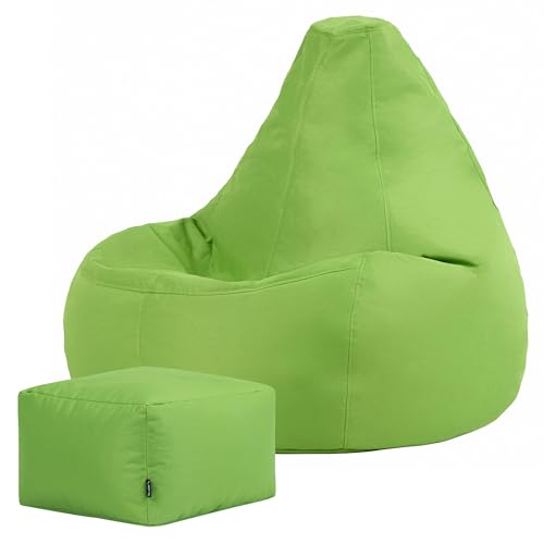 Bean Bag Bazaar Dalton Outdoor Bean Bag and Footstool, Lime Green, Garden Chair and Footstool, Water Resistant Fabric, Gaming Beanbag with Filling Included, Garden Seat, Outdoor Seating