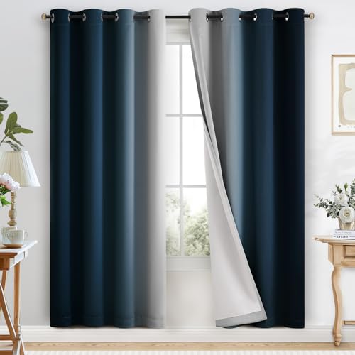 COSVIYA 100% Blackout Curtains for Bedroom with White Back, Double Layer Thermal Insulated Noise Reducing Grommet Window Curtains(52x72 Inch, Ombre Navy Blue, 2 Panels)