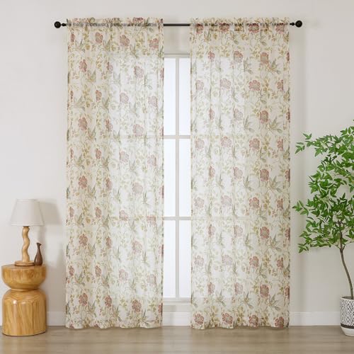 "OWENIE Floral Sheer Curtains 84 Inches Long 2 Panels Set, Farmhouse Light Filtering Printed Crushed Semi Sheer Patterned Curtains for Bedroom Living Room, Rod Pocket, Each 42"" W x 84"" L"