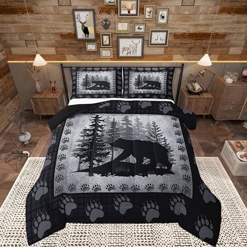 Bear Print Kids Comforter Set King Size,Wild Animal Pine Trees Retro Bedding Set All Season Bear Paw Pattern Quilt Set with 2 Pillowcases,Rustic Grid Plaid Hunt Lodge Decor Polyester Comforter, Grey